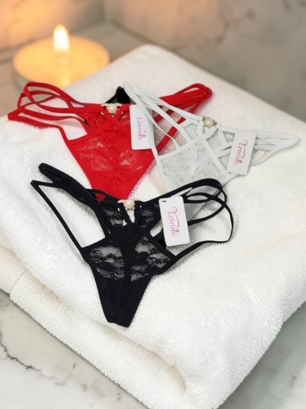 Lace Strappy Thong - Black, White, Red